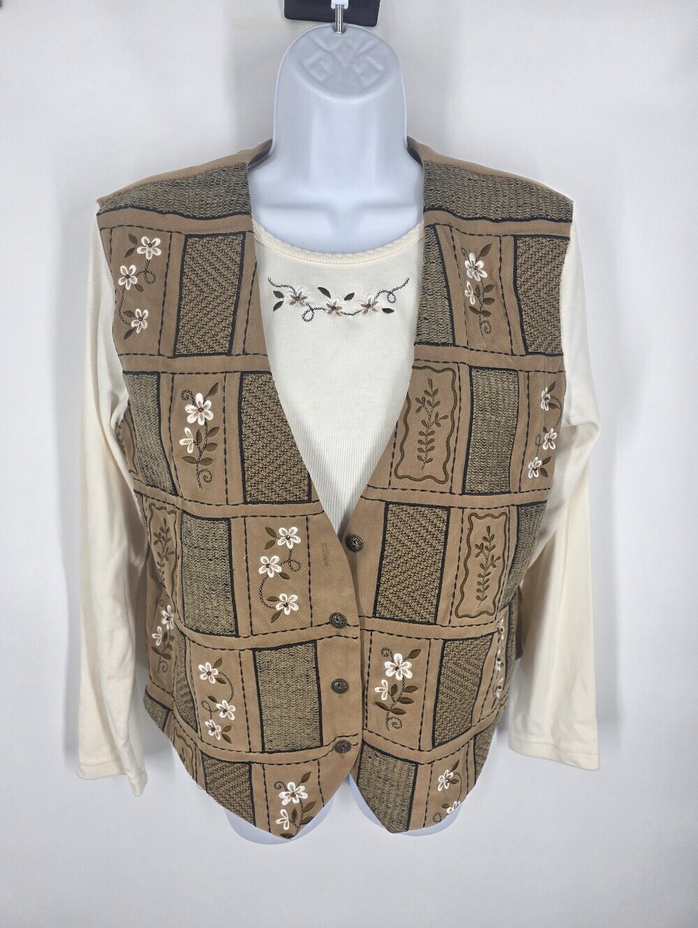 VTG Alfred Dunner Grandmacore Patchwork Vest Shirt Set Small Cream Brown